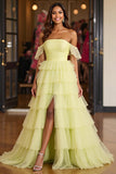 Gele Tule Gelaagde Een Lijn Off the Shoulder Prom Jurk met Split
