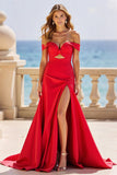Off the Shoulder Rode Satijnen A-lijn Hollow-out Prom Jurk met Split
