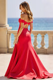 Off the Shoulder Rode Satijnen A-lijn Hollow-out Prom Jurk met Split