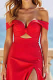 Off the Shoulder Rode Satijnen A-lijn Hollow-out Prom Jurk met Split