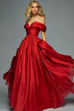 Rood Off The Shoulder A Line Geplooide Prom Jurk