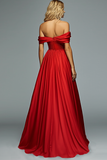 Rood Off The Shoulder A Line Geplooide Prom Jurk