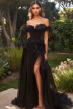 Zwart Off The Shoulder A Line Ruches Prom Jurk