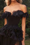 Zwart Off The Shoulder A Line Ruches Prom Jurk