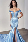 Hemelsblauw Off The Shoulder Zeemeermin Prom Jurk met Split