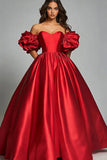 Rood Off The Shoulder A Line Satijnen Ruches Prom Jurk