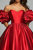Rood Off The Shoulder A Line Satijnen Ruches Prom Jurk