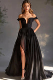 Zwarte Off The Shoulder A Line Chiffon Prom Jurk