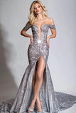 Zilveren zeemeermin Off The Shoulder Pailletten Prom Jurk