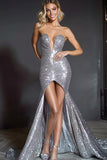 Zilveren Strapless Zeemeermin Pailletten Prom Jurk