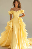 Gele Off The Shoulder Zeemeermin Ruches Satijnen Prom Jurk