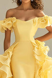 Gele Off The Shoulder Zeemeermin Ruches Satijnen Prom Jurk
