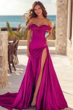 Fuchsia Off The Shoulder Gerimpelde Galajurk