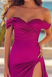 Fuchsia Off The Shoulder Gerimpelde Galajurk