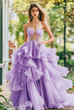 Lila Strapless A-lijn Ruches Gelaagde Tule Galajurk