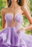 Lila Strapless A-lijn Ruches Gelaagde Tule Galajurk