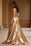 Gouden strapless A-lijn metallic satijnen galajurk