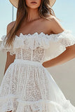 Kant Off the Shoulder Wit A Line High-Low Afstuderen Jurk