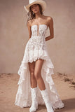 High-Low Witte A Line Lace Strapless Boho Trouwjurk