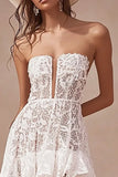 High-Low Witte A Line Lace Strapless Boho Trouwjurk