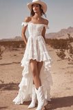 Off the shoulder kant High-low witte boho trouwjurk