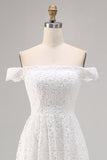 Off the shoulder kant High-low witte boho trouwjurk