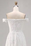 Off the shoulder kant High-low witte boho trouwjurk