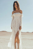 Off the Shoulder Witte Kant Schede Boho Trouwjurk met Split