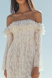 Off the Shoulder Witte Kant Schede Boho Trouwjurk met Split
