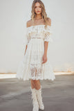 Off the Shoulder Witte Kant A Line Afstuderen Jurk