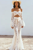 Boho Off the Shoulder Witte Kant Zeemeermin Trouwjurk