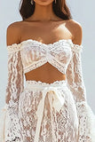 Boho Off the Shoulder Witte Kant Zeemeermin Trouwjurk