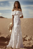 Off the shoulder kant witte schede Boho afstudeerjurk