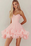 Roze Sweetheart Lace Korte Afstuderen Jurk met Ruches