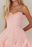 Roze Sweetheart Lace Korte Afstuderen Jurk met Ruches
