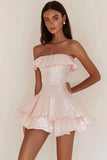 Strapless roze pailletten A Line korte cocktailjurk