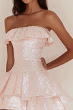 Strapless roze pailletten A Line korte cocktailjurk