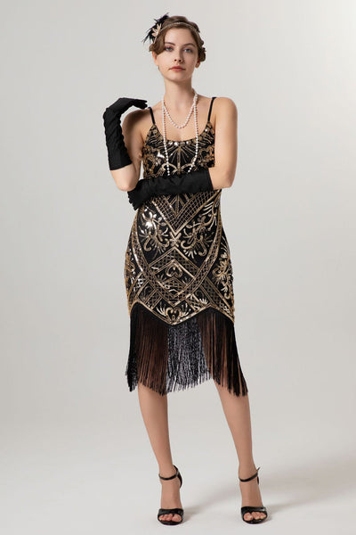 Vrouwen Champagne Pailletten Fringes 1920s Flapper Jurk met 20s Vrouwen Champagne Pailletten Fringes 1920s Flapper Jurk met 20s