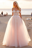 Off The Shoulder Blush Tule A Line Trouwjurk met Appliques