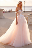 Off The Shoulder Blush Tule A Line Trouwjurk met Appliques