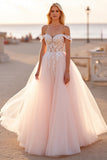 Off The Shoulder Blush Tule A Line Trouwjurk met Appliques