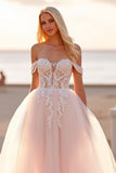 Off The Shoulder Blush Tule A Line Trouwjurk met Appliques