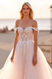 Off The Shoulder Blush Tule A Line Trouwjurk met Appliques