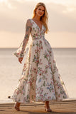 Bloemen A Line Lange Mouw Geappliqueerde Witte Trouwjurk