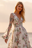 Bloemen A Line Lange Mouw Geappliqueerde Witte Trouwjurk