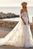 Witte Tule Off the Shoulder Boho Sweep Train trouwjurk met applicaties