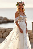Witte Tule Off the Shoulder Boho Sweep Train trouwjurk met applicaties