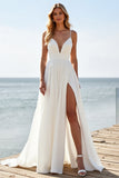 Witte chiffon spaghettibandjes Boho trouwjurk met spleet