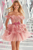 Blush Off the Shoulder Tule Homecoming Jurk met Strik