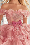 Blush Off the Shoulder Tule Homecoming Jurk met Strik